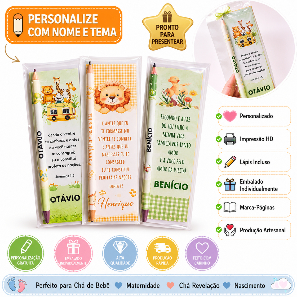 Card com Lápis Personalizado Lembrancinha Chá de Bebê Maternidade Chá Revelação Nascimento