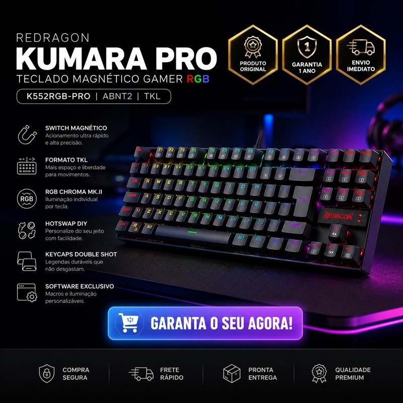 Teclado Gamer Magnético Redragon Kumara Pro RGB K552RGB-PRO TKL ABNT2 Hotswap USB Original BLACK