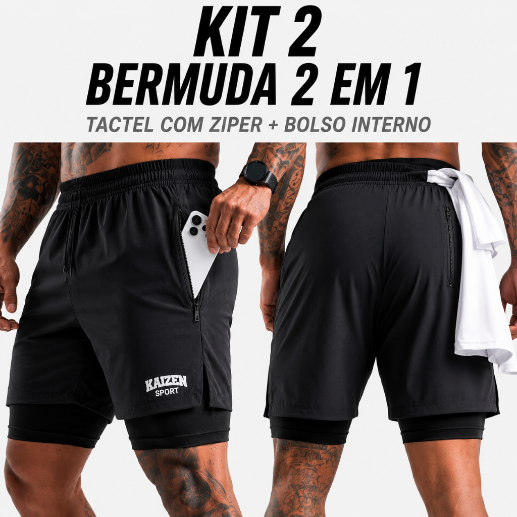 Kit 2 Bermudas 2 em 1 Tactel Academia e corrida Tem Bolso Secreto e Zíper