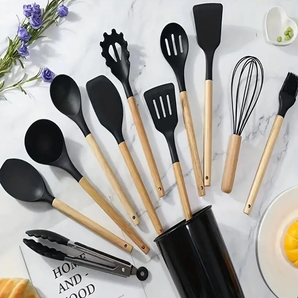 KIT de Utensílios Para Cozinha em Silicone e Bambu 12 Peças