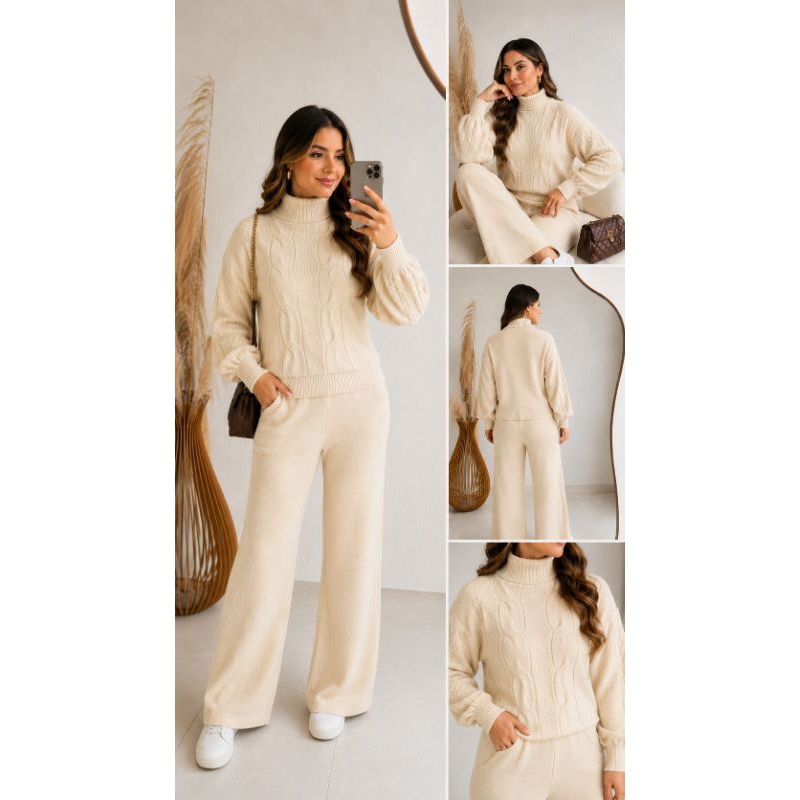 CONJUNTO FEMININO B TRICOT MOUSSE CALÇA WIDE LEG PANTALONA COM BOLSO E BLUSA TRICÔ TRANÇA GOLA ALTA
