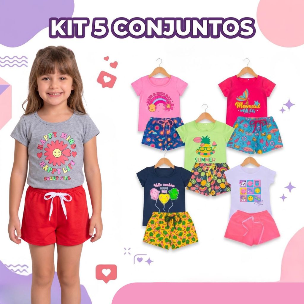 Kit 5 Conjuntos Infantil Menina Verão 10 Peças Roupa Feminina 5 Blusas 5 Shorts Algodão 1 ao 8 Anos