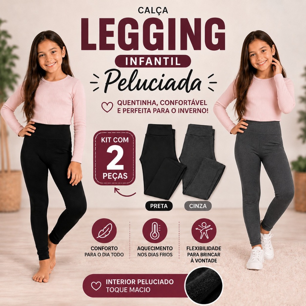 Kit 2 Calça Legging Infantil Térmica Peluciada Inverno Cintura Alta Grossa Sem TransperenciaTam 8 ao 16