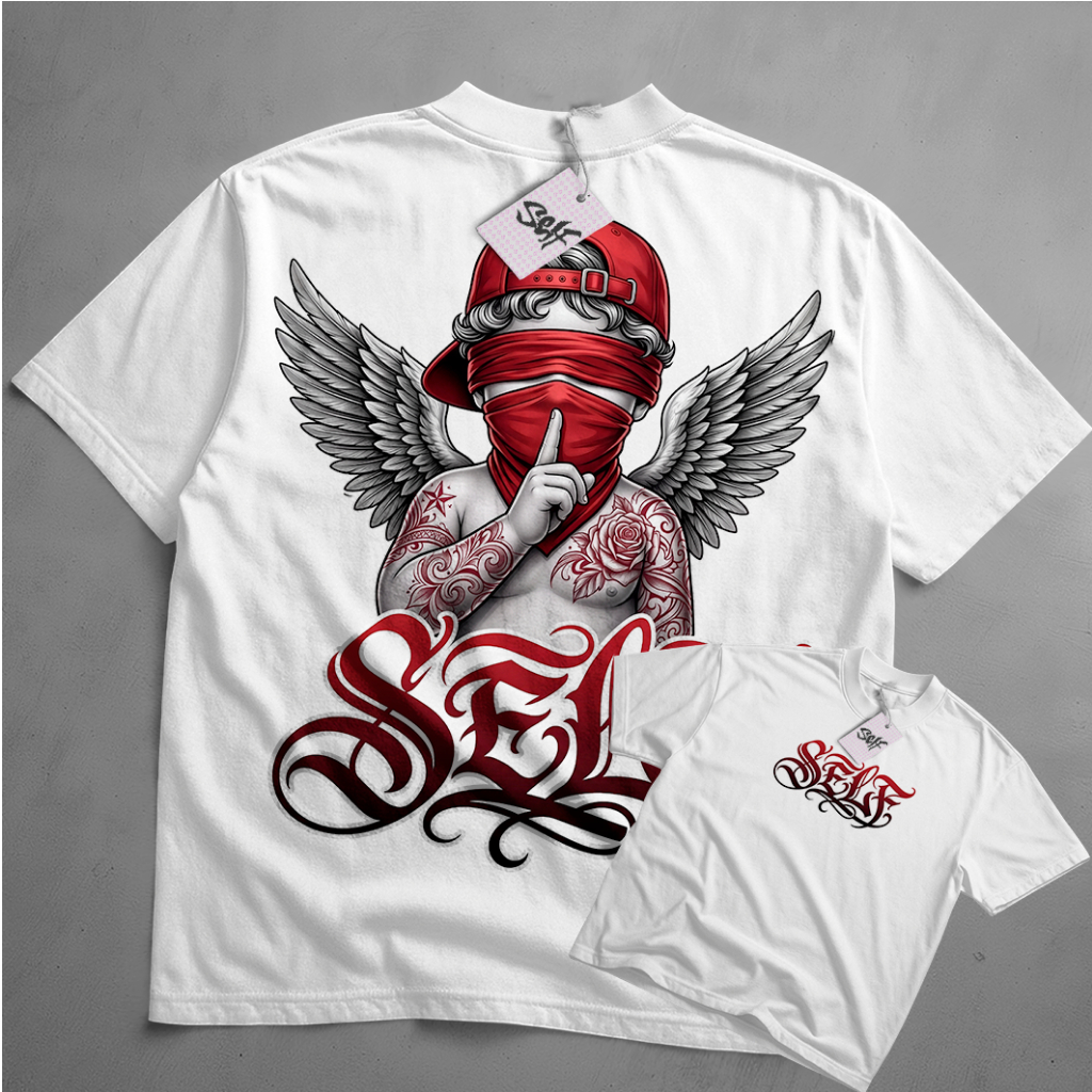 Camiseta Oversized Streetwear Masculina Asas de Anjo Self Control Estilo Gangster Exclusiva