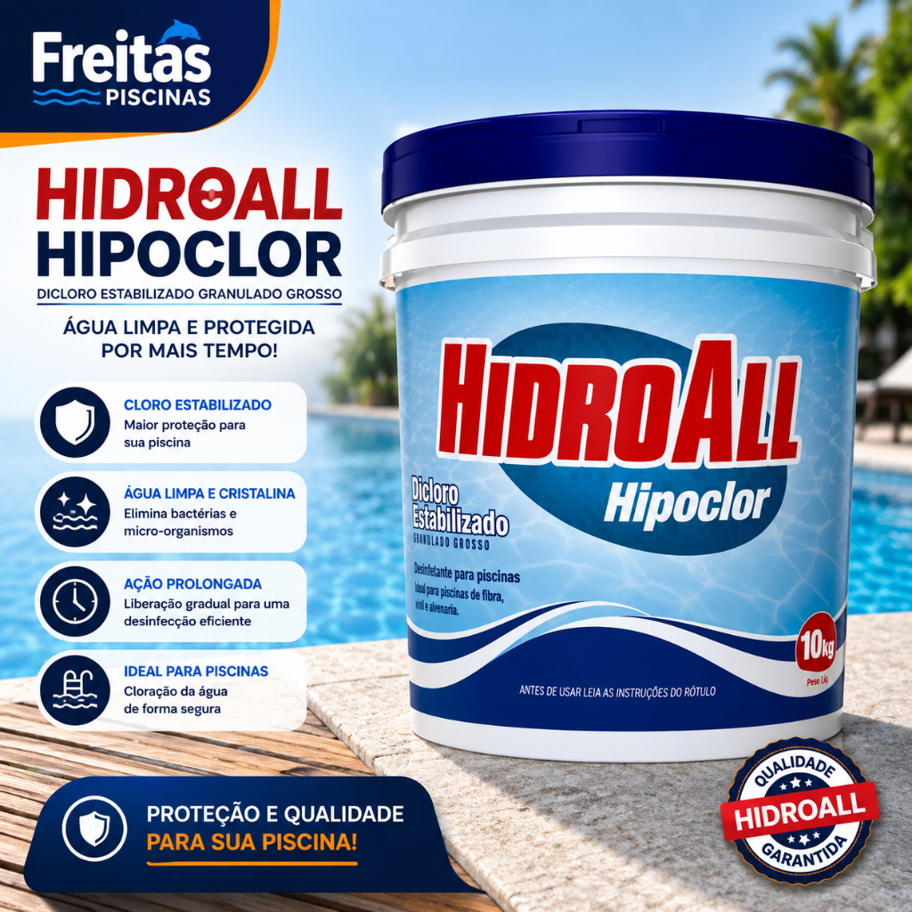 Cloro Granulado HidroAll Hipoclor 10kg | Água Cristalina e Proteção Duradoura para Piscinas