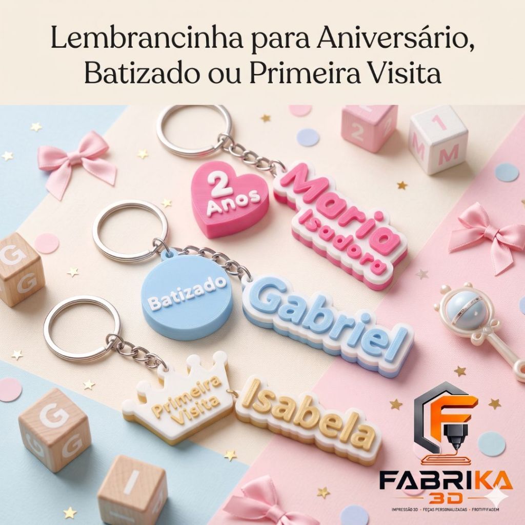 Chaveiro Personalizado Lembrancinha Aniversário Batizado Primeira Visita Nome em Impressão 3D kit com 24 unidades