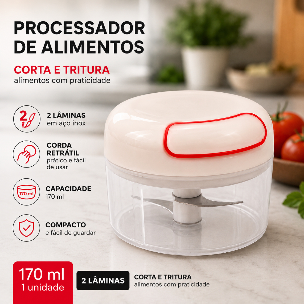Processador Manual de Alimentos 170ml 2 Lâminas de Aço Inox Manual Cozinha Compacto
