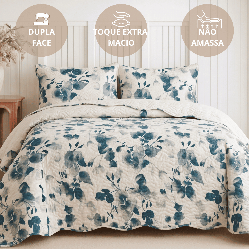 Kit Cobre Leito Colcha Casal Queen King Boutis Dupla Face Porta Travesseiro Aba Americana - Camesa