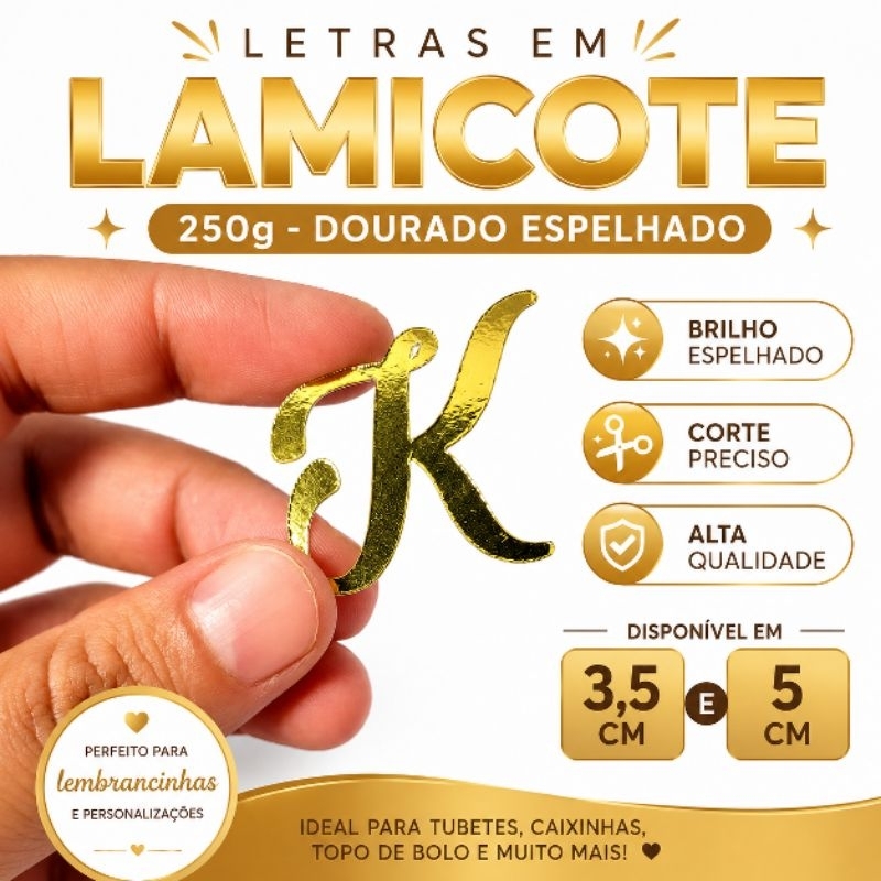 40 Apliques Letra Inicial Dourada Espelhada | Papel Lamicote 250g | Personalizado para Lembrancinhas