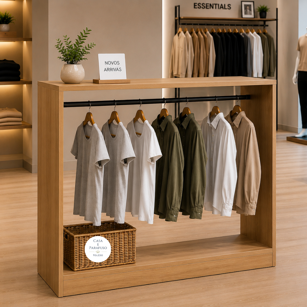 Balcão Aparador Expositor de Roupas com Cabideiro Cromado Multiuso Loja Closet 87x87x38 cm - 81
