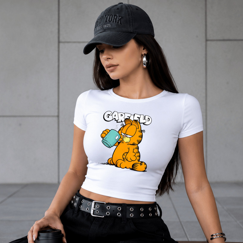 Blusinha Camiseta Baby Look Baby Tee Coladinha Feminina Suplex Estilosa Confortável Dia a Dia Estampada Garfield