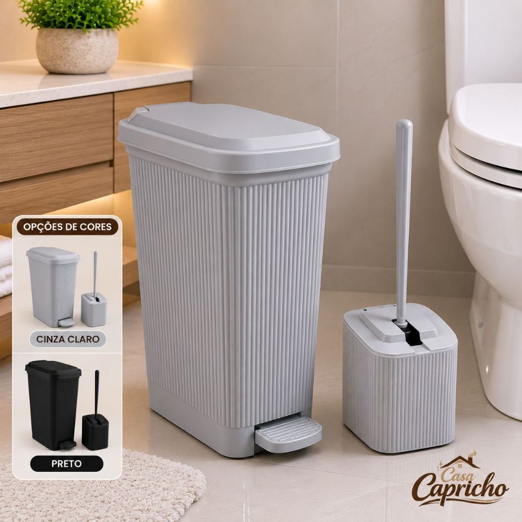 Kit Lixeira com Pedal 7 Litros Slim Canelada e Escova Sanitária - Usual Utilidades