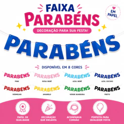 Faixa Parabéns Decorativa em Papel para Festa Aniversário com Cordão Diversas Cores