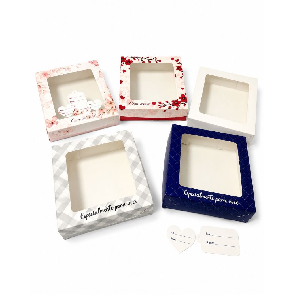 Caixa de Presente com Visor e TAGs 17x17x5cm cosméticos  Estampada, Branca, flores e coração