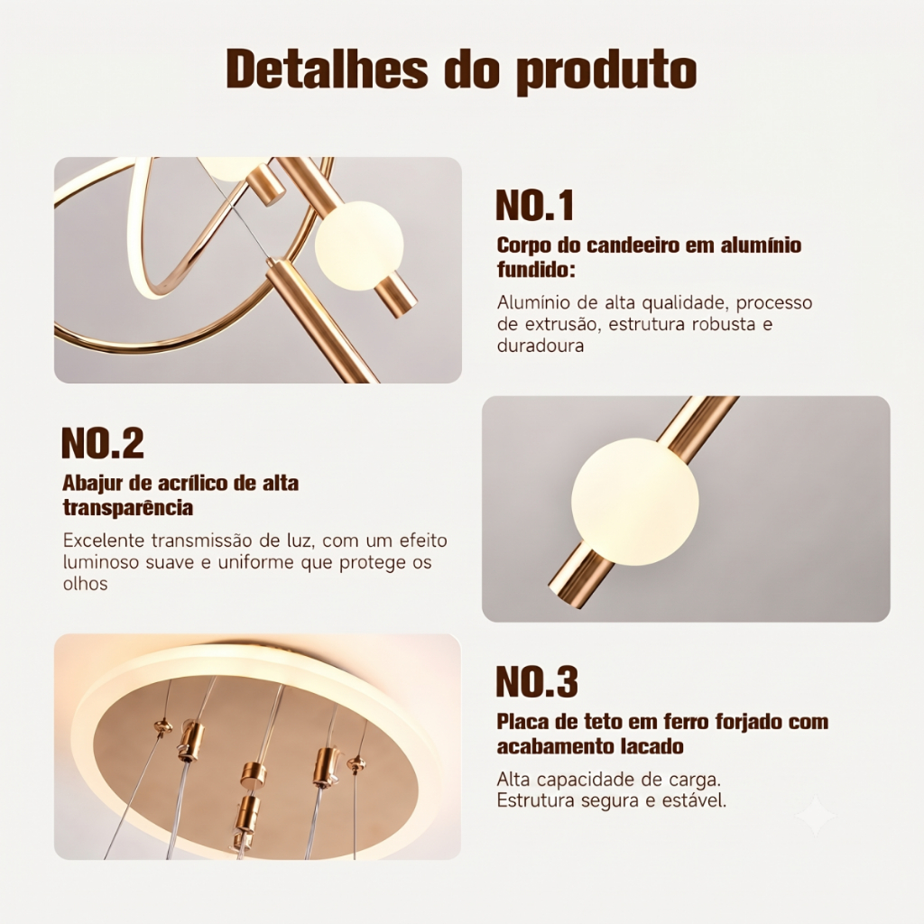 YESOP Lustre Pendente LED 75W Moderno Orbital Dourado Sala Jantar Luxo 3 Cores Bivolt · foto 2