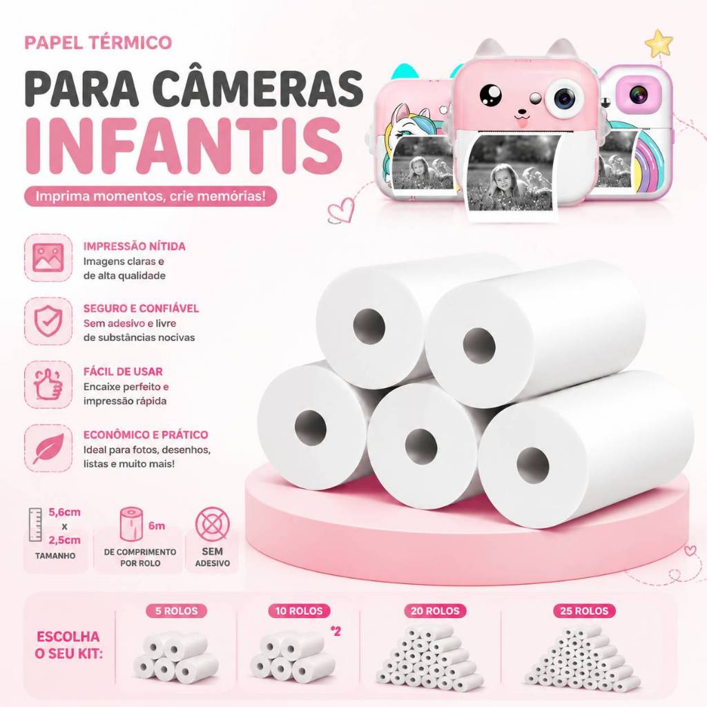 Kit 5 Rolos De Papel Térmico Para Câmera Infantil Impressora Branco