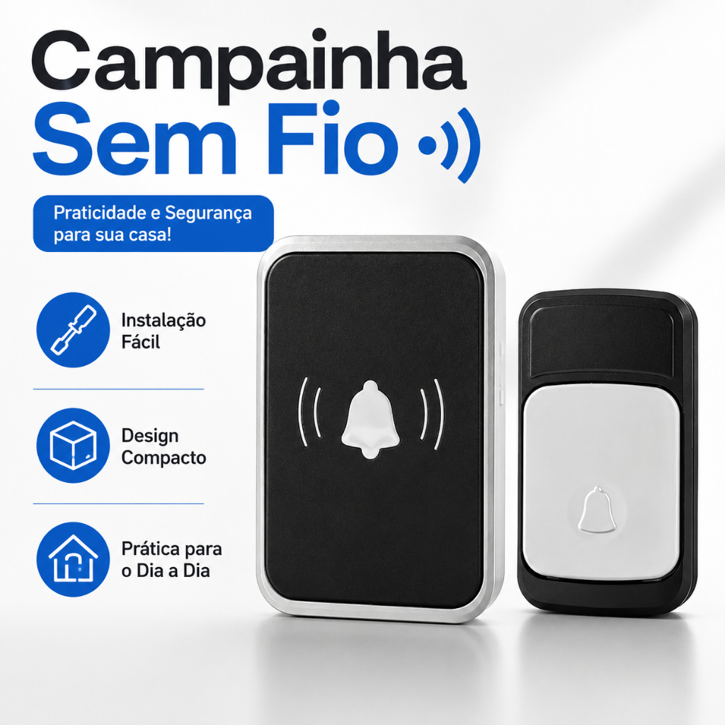 Campainha Sem Fio Residencial 1 Botão 1 Receptor Adesiva Casa Apartamento Escritório
