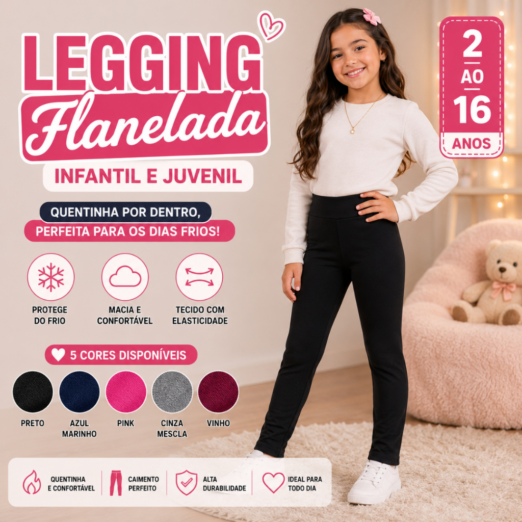 Calça Legging Flanelada Infantil Juvenil Menina Térmica Quentinha Inverno 2 ao 16