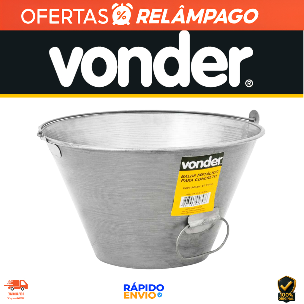 Balde Metálico Para Concreto 10 Litros Galvanizado Envernizado Com Alça Reforçada Vonder