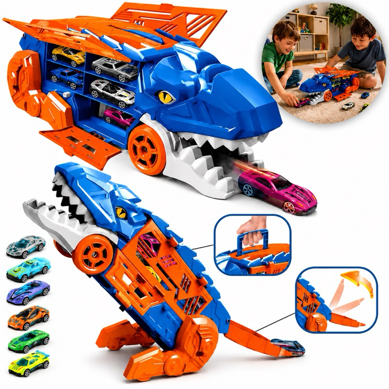 Carreta Caminhão Cegonha Pista Carrinho Dinossauro Brinquedo 6 Carrinhos Com Rampa Corrida