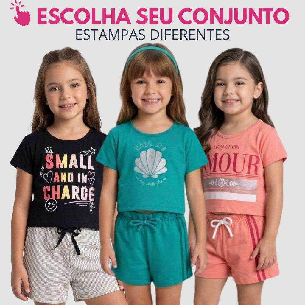Conjunto Infantil Menina Blusa Cropped Meia Malha + Shorts com Elástico Confortável Escolha Seu Modelo