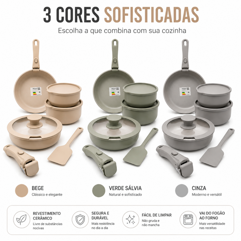 Imagem Jogo Panelas 12 Peças Antiaderente Diamond Ceramica Cabo Removível Indução Bege Cinza Verde Sem PTFE e PFOA