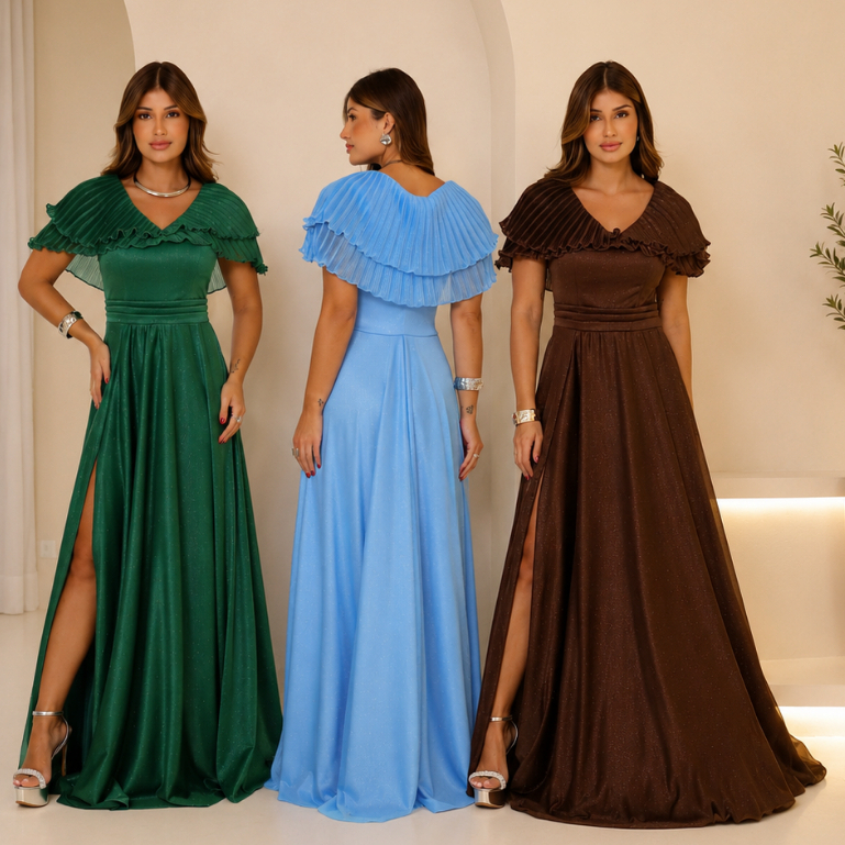Vestido de Festa Longo Feminino Casamento Madrinha Formatura Brilho/Glitter