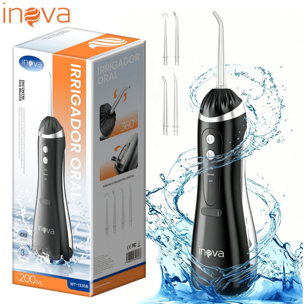 INOVA Irrigador Bucal—1200mAh | 3W, Capacidade de 200ml com 4 tipos de bicos, Para todos os dentes