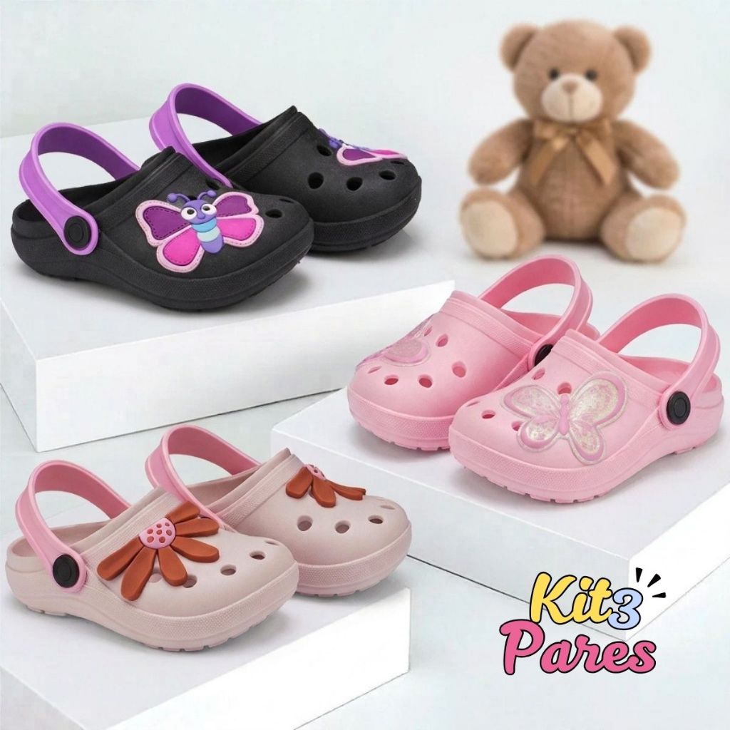 Kit 3 Sandálias Babuche Infantil Mini Clog Infantil Feminino Escolar Dia a Dia