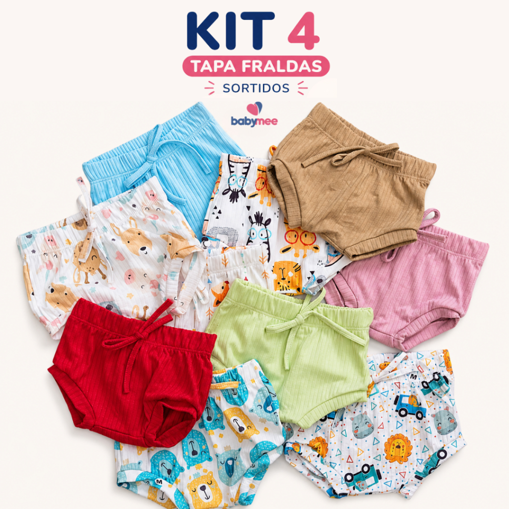 Kit 4 Tapa Fralda Shorts Sortido Canelado Bebê Liso e Estampado Menina ou Menino