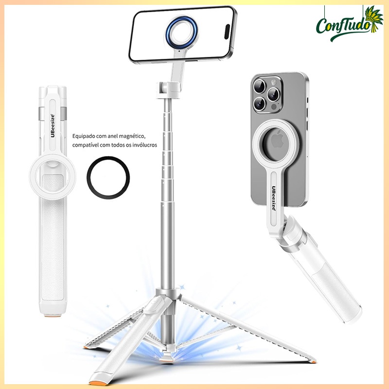 Bastão de Selfie Magnético Tripé 1,8M, Controle Remoto Bluetooth, Anel Magnético Incluso Compatível com Todos os Celular