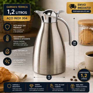 Garrafa Café Térmica Chrome Lux Inox 1,2L Resistente Elegante Para Mesa Cozinha