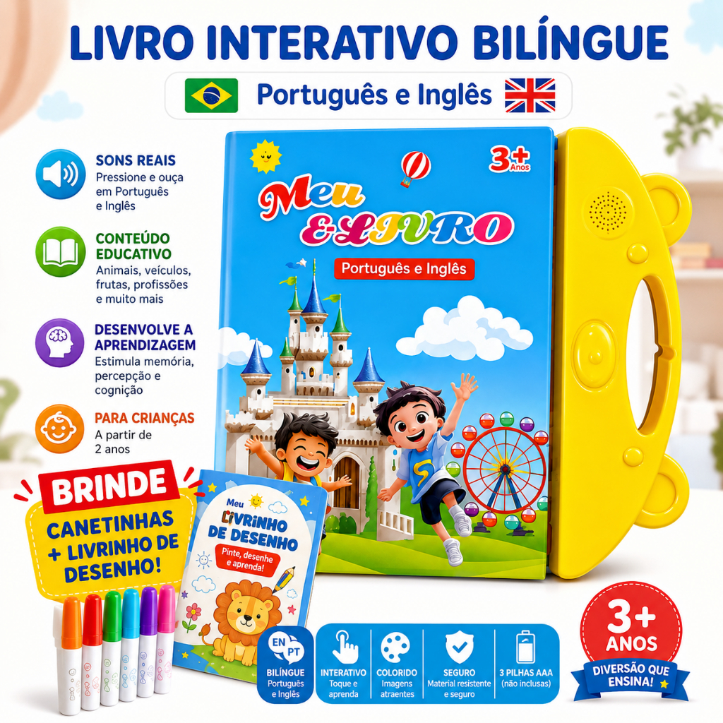 Livro Interativo Infantil Bilíngue com Som e Toque Multi Temas Educativo Português Inglês para Educação Infantil