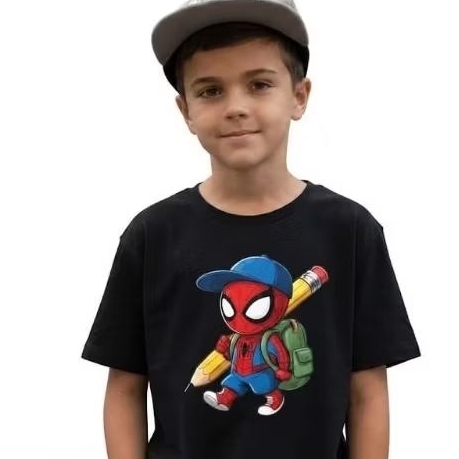 Camiseta Infantil Homem-Aranha Escolar Masculina 100% Algodão Estampa Divertida Menino Personagem