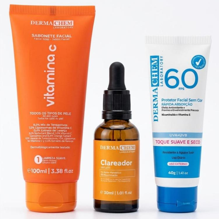 Kit Skincare Dermachem Sérum Clareador + Protetor Solar FPS 60 + Sabonete Facial - 3 Unidades
