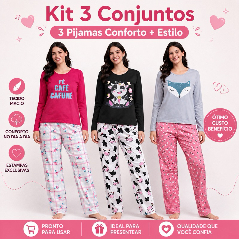 Kit 3 Pijamas Longo Infantil Juvenil Feminino Manga Longa Calça Estampado Sortido Confortável