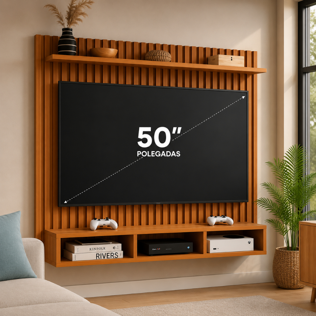 QUEIMA DE ESTOQUE! Painel Ripado 3D para TVs de 43 até 60 Polegadas com Nichos Organizador Suspenso Moderno