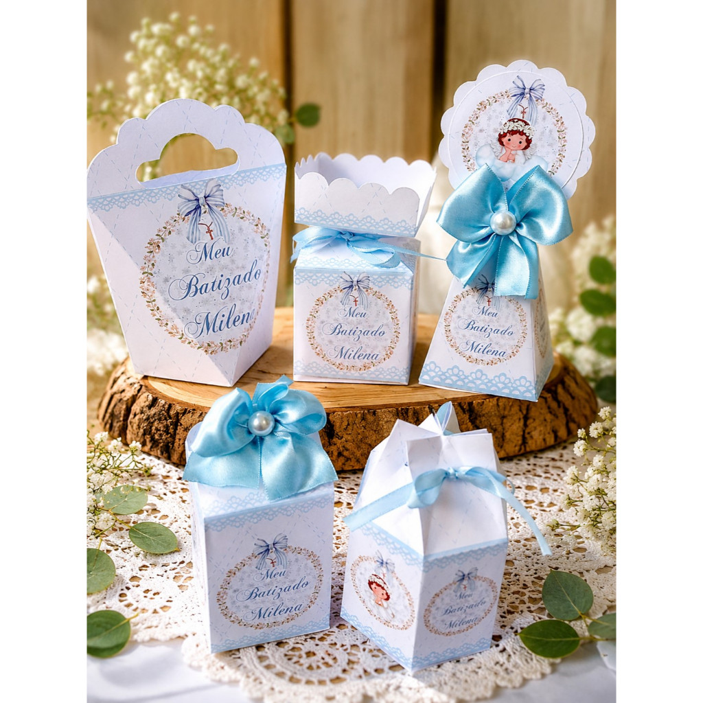 KIT CAIXA FESTA PERSONALIZADA BATIZADO MENINA BRASÃO AZUL / LEMBRANCINHAS /CAIXINHAS PARA FESTA