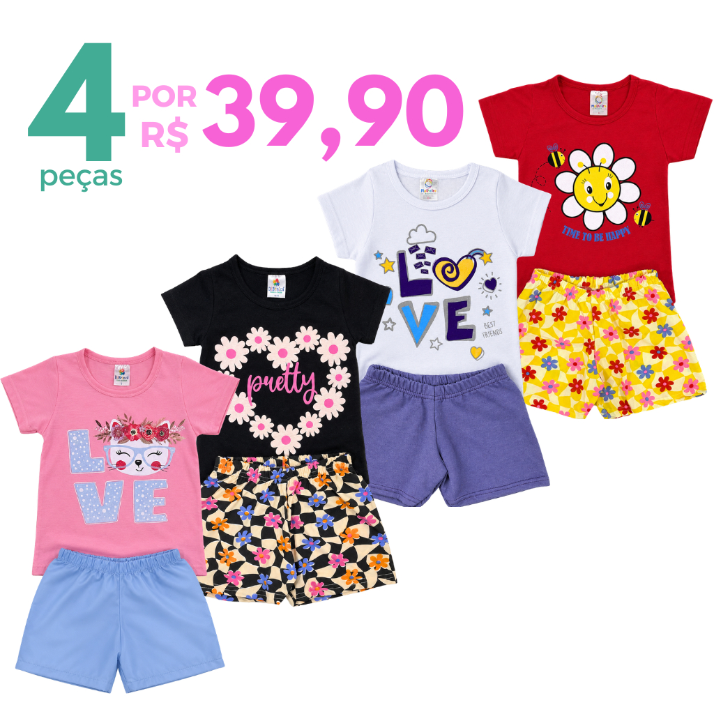 Kit 4 Peças Conjunto Sortido Roupa Infantil Menina Verão Estampado Camiseta + Shorts Bebê