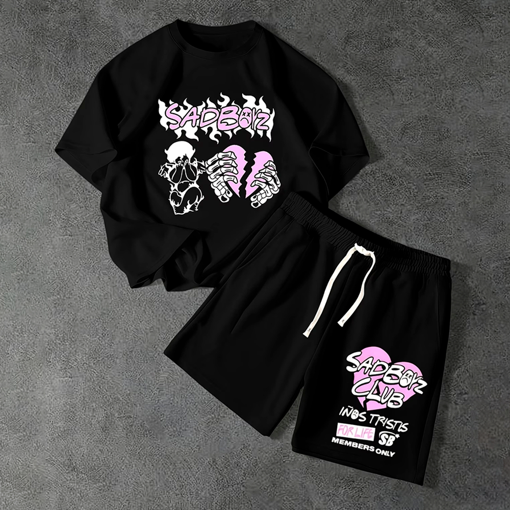 Conjunto Camiseta Oversized + Short Bermuda Moletom com Cordinha Sad Boyz Streetwear Gótico Y2k Unissex Estampado