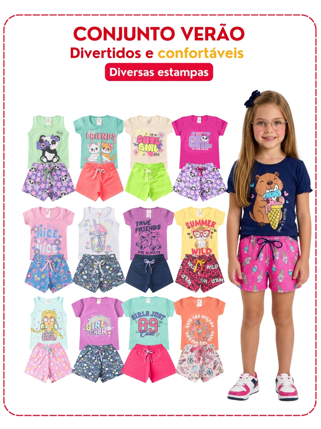 Kit 6 Peças Roupa Infantil Menina Verão 3 Camisetas + 3 Shorts Tamanhos 1 ao 14 — imagem 2 de 2