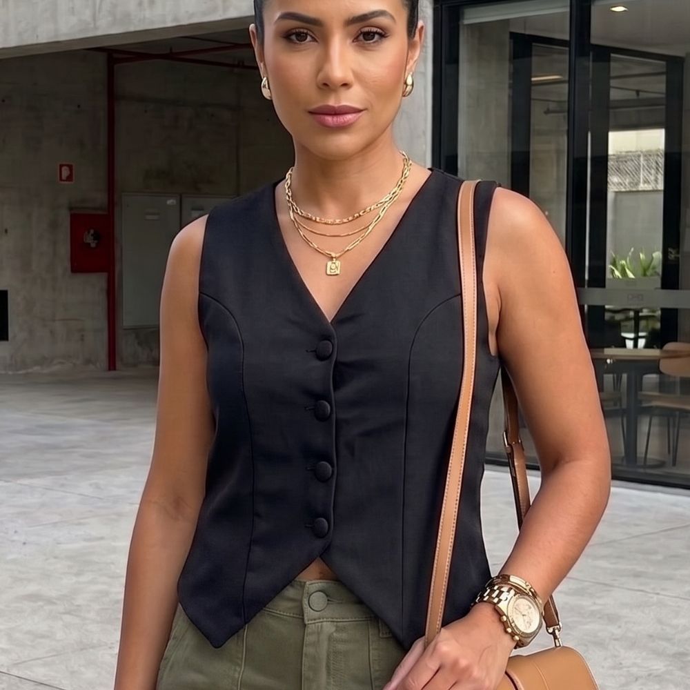 colete preto feminino alfaiataria elegante botoes forrado Blusa Regata decote V look social elegante