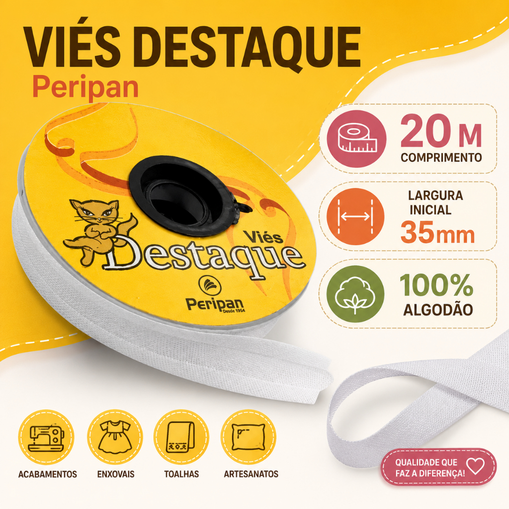 Viés Destaque Peripan Branco 35mm Inicial 20 Metros 100% Algodão para artesanato e Costura