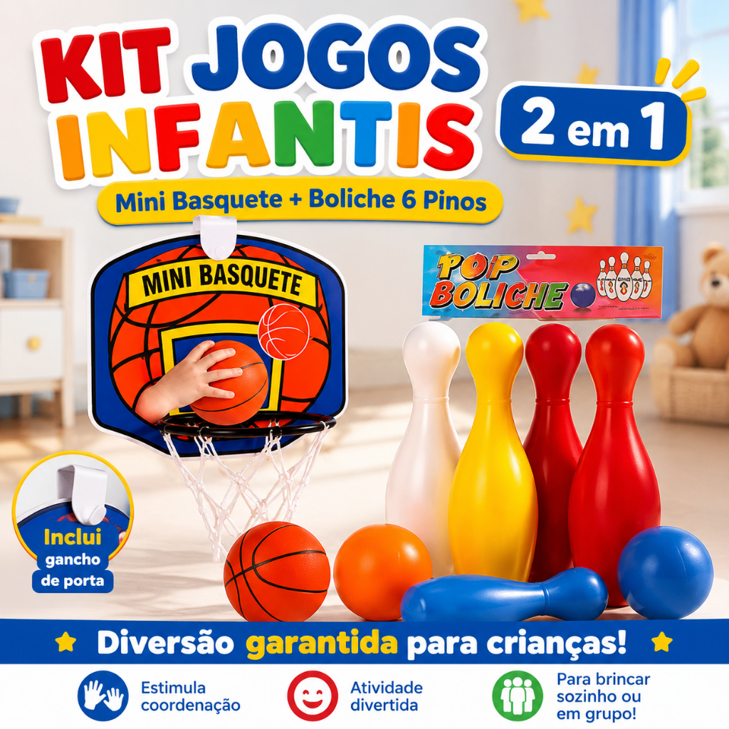 Kit Jogos Infantis Mini Basquete e Boliche Criança Tabela Cesta 6 Pinos Brinquedo Educativo