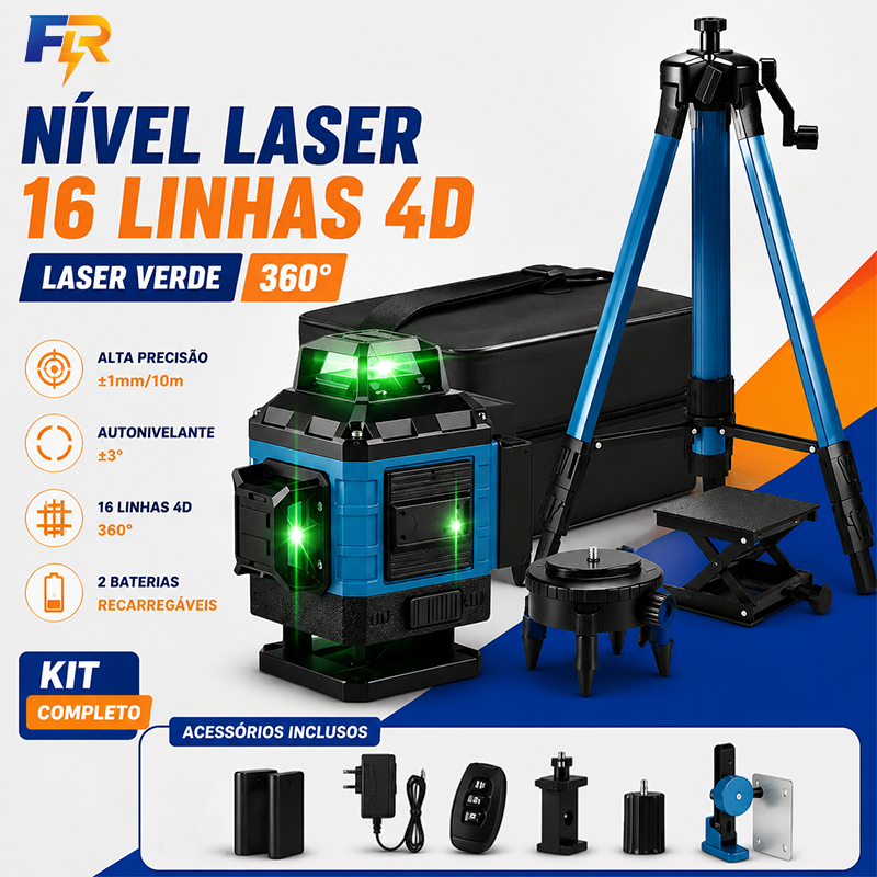 Kit Nível Laser Verde 4D 16 Linhas Autonivelante, Equipamento Com 2 Baterias + Tripé Ajustável Para Obras e Azulejagem