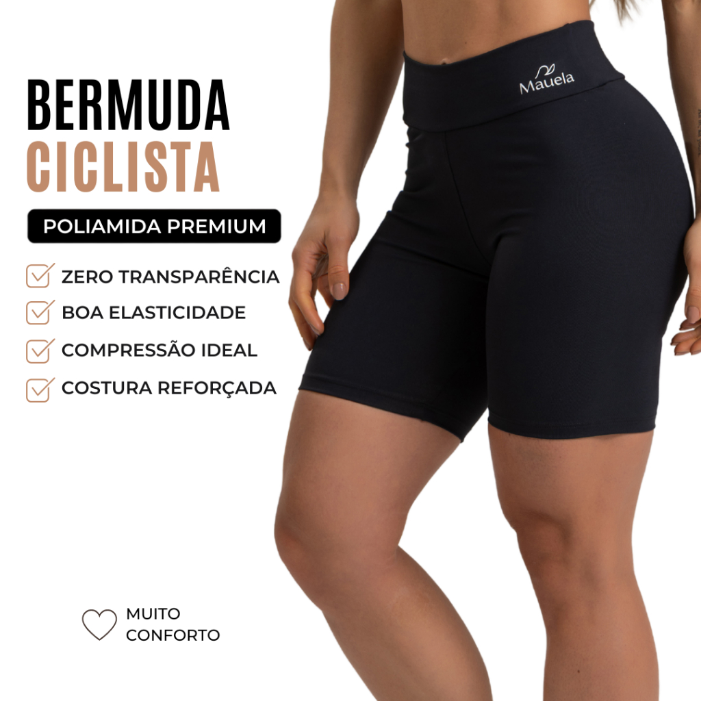 Bermuda Ciclista Fitness Feminina Poliamida Cós Alto Compressão Academia Treino Zero Transparência
