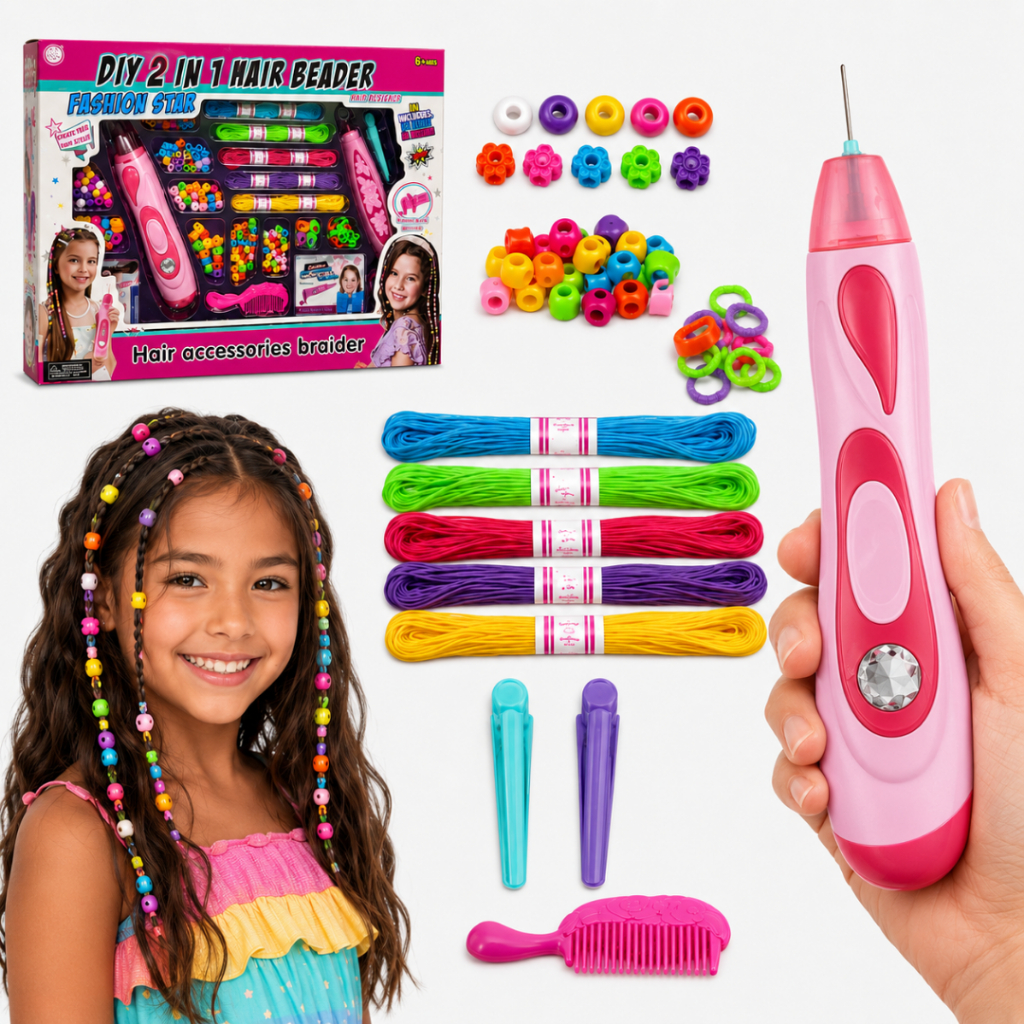 Kit Aplicador de Miçangas para Cabelo Infantil Trançador 2 em 1 DIY Tererê Contas Coloridas Penteado Tranças Menina