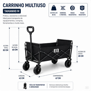 Carrinho de Camping Dobrável Multiuso Reforçado Com Rodas Portátil Tamanho M