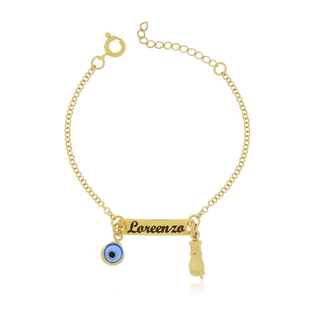 Pulseira RN Bebe Infantil Figa Olho Grego Com Nome Folheado Ouro - semi joia