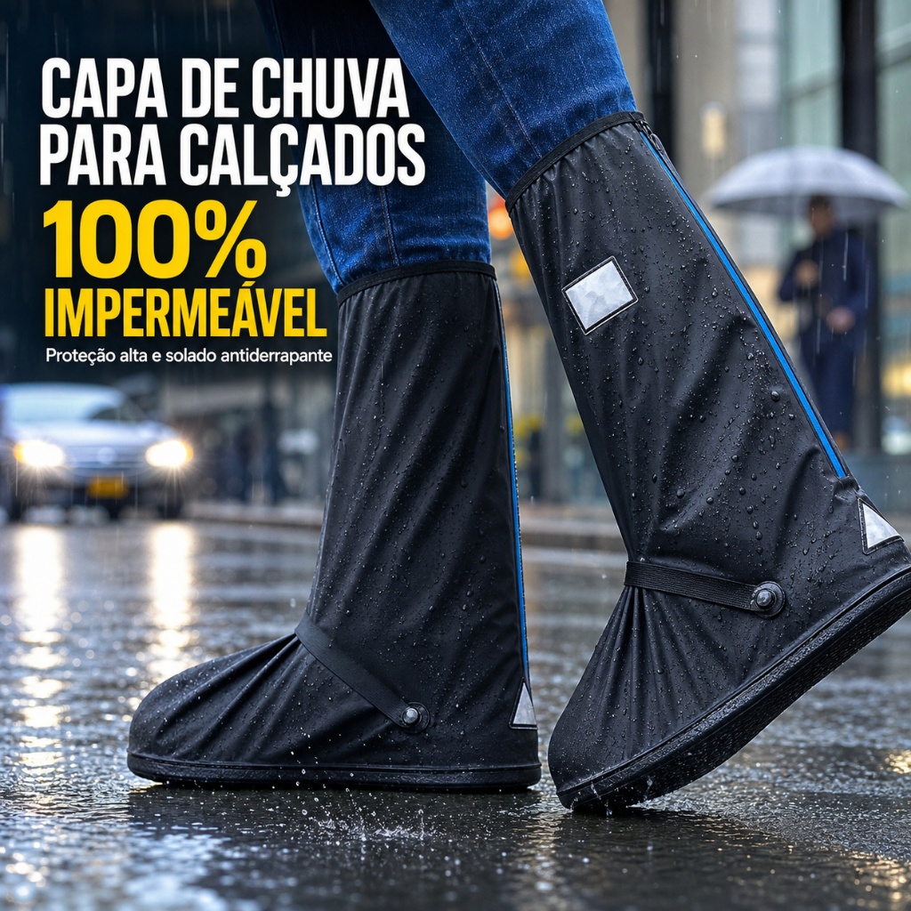 Bota de Chuva para Calçado Cano Alto com Zíper, Capa Impermeável Antiderrapante e Refletiva para Motoqueiro e Motoboy
